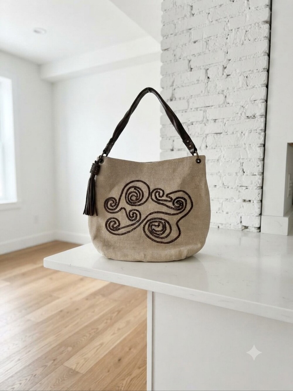 Kate Landry Beige Canvas Hobo with Dark Brown Trim and Tassel